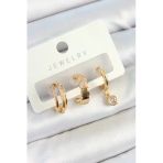 Pirinç Zirkon Taşlı Halka Figürlü 3'Lü Çift Kadın Küpe Set (Gold Renk)