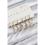 Pirinç Zirkon Taşlı Istiridye Balina ve Yıldız Gold Renk 6'lı Küpe Set - Lisinya - 001-Renkli