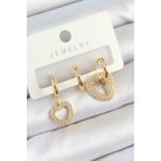 Pirinç Zirkon Taşlı Kalp Model Gold Renk 3'lü Çift Kadın Küpe Set - Lisinya - 001-Renkli