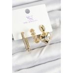 Pirinç Zirkon Taşlı Kalp Model Gold Renk 3'lü Kadın Küpe - Lisinya - 001-Renkli