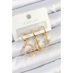 Pirinç Zirkon Taşlı Yıldız ve Ay Model Gold Renk 3'lü Kadın Küpe Set - Lisinya - 001-Renkli