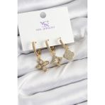 Pirinç Zirkon Taşlı Yonca Model Gold Renk 3'lü Kadın Küpe - Lisinya - 001-Renkli