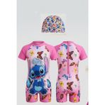 Pistyle Kız Çocuk Desenli Mavi Tam Vucud Mayo ve Bone.2'li - Pembe - 3 - 4 Yaş