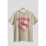 Pitaya Ön Baskılı Oversize T-Shirt Erkek Kadın Pamuk Bisiklet Yaka Tişort - Bej - XL