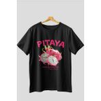 Pitaya Ön Baskılı Oversize T-Shirt Erkek Kadın Pamuk Bisiklet Yaka Tişort - Siyah - XL