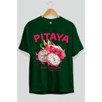 Pitaya Ön Baskılı Oversize T-Shirt Erkek Kadın Pamuk Bisiklet Yaka Tişort - Zümrüt Yeşili - XL