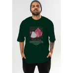 Pitaya Ön Baskılı Yeşil Oversize T-Shirt Erkek Kadın Pamuk Bisiklet Yaka Tişort - Zümrüt Yeşili - XL