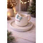 Pitaya Sanat El Yapımı Kedi Kulaklı 3D Fiyonk Detaylı Seramik Kahve Fincanı & Tabak Set - Renkli
