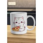 Pizza Yiyen Beyaz Kedi Kupa - Kedili Baskılı Kupa Bardak - 1 Adet - 199 ml