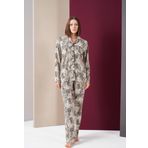 Pjs 26021 Kadın Önden Düğmeli Patlı Leopar Desenli Uzun Kollu Pijama Takım