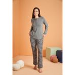 Pjs Kadın Pijama Takımı, Uzun Kol, Gri, Leopar Desen, 38 Beden