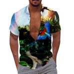 Plaj gömleği, erkek, kısa kollu tişört, yazlık gömlek, büyük beden, 3D baskılı, Hawaii gömleği, revers gündelik gömlek, standart kesim, erkek gömleği, kamp ve tatil için, Pembe., L