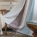 Plancholo Boho Perde 45 cm Uzunluğunda Yatak Odası Oturma Odası için Yarı Karartma Pamuklu Keten Çiftlik Evi Nakış Çubuğu Püsküllü Cep Örtüsü (1 Panel, 132 cm G x 45,7 cm L, Mavi Kahverengi Çizgili)