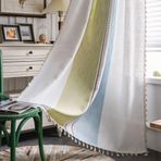 Plancholo Boho Perde Yatak Odası Oturma Odası için Yarı Karartma Pamuklu Keten Çiftlik Evi Nakış Çubuğu Püsküllü Cep Örtüsü (1 Panel, 132 cm G x 243 cm L, Mavi Yeşil Çizgili)