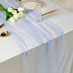 Plancholo İnci Masa Örtüsü 30 x 118 İnç Uzun Mavi Boho Rustik Tül Masa Örtüsü Beyaz İncili Düğün Doğum Günü Partisi Masa Dekoru için, 76 x 250 cm