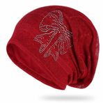 Plancholo Kadın Slouchy Beanie Uyku Kepi Kemo Şapkalar Kanser Şapka Türban Rhinestone Bow ile, kırmızı, One Size
