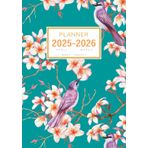 Planner April 2025-2026 March: A5 Weekly and Monthly Notebook Organizer | Exotic Bird on Plumeria Flower Design Teal