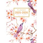 Planner April 2025-2026 March: A5 Weekly and Monthly Notebook Organizer | Exotic Bird on Plumeria Flower Design White