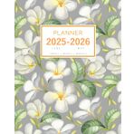 Planner June 2025-2026 May: 8x10 Large Notebook Organizer with Hourly Time Slots | Painted Plumeria Flower Design Gray