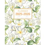 Planner June 2025-2026 May: 8x10 Large Notebook Organizer with Hourly Time Slots | Painted Plumeria Flower Design White