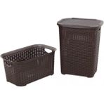 Plastik Rattan Hasır Görünümlü Kirli Çamaşır Sepeti- Çamaşır Sepeti 2'li Set Kahverengi - Acorn