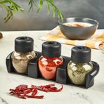 Plastik Standlı Baharatlık Takımı, 3 Parça, Şeffaf Cam Gövde, Siyah Kapak, 210 ML, Tuz ve Baharat Seti