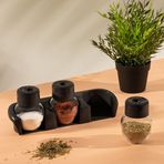 Plastik Standlı Baharatlık Takımı, Şeffaf Cam Gövde, Siyah Kapak, 210 ML, 3'lü Set, Tuz ve Baharat Saklama