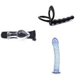 PleasureBox Seks Oyuncağı 9,5 cm + Silikon Anal Boncuklar Penis Halkalı + Cam Dildo Mavi Twister 19 cm
