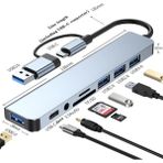 Plentiful 8’li Type-C Çok Portlu USB Hub – USB 2.0/3.0, 3.5 mm Ses Çıkışı, Tf/sd Kart Okuyucu Çoklayıcı Adaptör - Gri