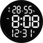 Plentiful Büyük Dijital Modern 12inç Yuvarlak Elektronik Led Duvar Masa Saati Sıcaklık Nem Alarm(pilsiz)