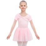 PLIKSUVER Kız Çocuk Bale Elbisesi Dans Mayo Tutu Jimnastik Mayoları Uzun Kollu Pamuklu Dans Kıyafeti Kostümleri (Pembe Kısa Kollu, 130)