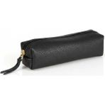 PLM Gerçek Deri Kalem Kutusu,el Yapımı Fermuarlı Kılıf, Dokulu Siyah - 5.5 cm x 17.5cm