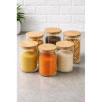 Plt Design 6'Lı Bambu Kapaklı Vakumlu Cam Kavanoz - Baharat Takımı 1000 Ml Etiket Hediyeli