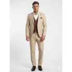 Plus Scorpion Erkek Çizgili Takım Elbise 3’lü Set – Ceket + Yelek + Pantolon – Slim Fit Italyan Tarz - Açık Bej - 6 Drop - 54