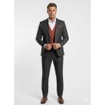 Plus Scorpion Erkek Çizgili Takım Elbise 3’lü Set – Ceket + Yelek + Pantolon – Slim Fit Italyan Tarz - Siyah - 6 Drop - 52