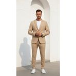 Plus Scorpion Erkek Gofre Desenli Takım Elbise Bağcıklı Pantolon Duble Paça Tek Düğme Modern Slim Fit - Bej - 6 Drop - 54