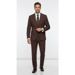 Plus Scorpion Erkek Klasik 2’li Takım Elbise 2 Düğmeli Slim Fit Esnek Kumaş Çift Yırtmaçlı 7 Drop - Kahverengi - 52