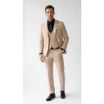 Plus Scorpion Erkek Klasik Slim Fit Armürlü Kumaş Tek Düğmeli Çift Yırtmaçlı Klasik Yaka Takım Elbise 7 Drop - Bej - 7 Drop - 50