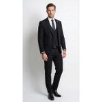 Plus Scorpion Erkek Klasik Slim Fit Armürlü Kumaş Tek Düğmeli Çift Yırtmaçlı Klasik Yaka Takım Elbise 7 Drop - Siyah - 7 Drop - 48
