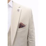 Plus Scorpion Erkek Takım Elbise - 3 Parça Slim Fit Yelekli Set - Likralı Kumaş Tek Düğme Çift Yırtmaçlı Modern Kesim (Bej, 64)