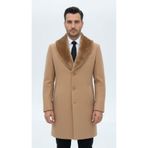 Plus Scorpion Erkek Uzun Kaşe Kaban – Çıkartılabilir Kürk Yaka, Astarlı ve Cepli Slim Fit Mont (Bej,