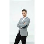 Plus Scorpion Gri Erkek İtalyan Kesim Blazer Ceket – Lacivert Detaylı, Kol Yamali, Slim Fit Şık Tasarım
