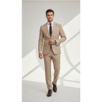 Plus Scorpion TK6895 Erkek Slim Fit Mikro Desenli Takım Elbise 2 Düğmeli Çift Yırtmaçlı Modern Ceket Pantolon Takım - Bej - 6 Drop - 56