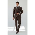 Plus Scorpion TK6895 Erkek Slim Fit Mikro Desenli Takım Elbise 2 Düğmeli Çift Yırtmaçlı Modern Ceket Pantolon Takım - Kahverengi - 6 Drop - 52