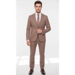 Plus Scorpion TK6895 Erkek Slim Fit Mikro Desenli Takım Elbise 2 Düğmeli Çift Yırtmaçlı Modern Ceket Pantolon Takım - Vizon - 6 Drop - 56