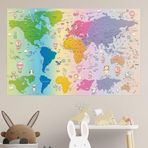 Plustablo Bebek ve Çocuk Odası Dünya Haritası Eğitici Sticker, Sevimli Hayvanlar Kreşler İçin Dünya Haritası (100x150 Cm.)