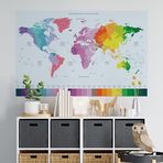 Plustablo Dünya Haritası ve Dünya Saatleri Renkli Oteller İçin Duvar Stickerı (100x150 Cm.)