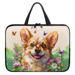 Poceacles Corgi Köpek Çiçek Baskılı Dizüstü Bilgisayar Çantası Kadın Erkek Taşınabilir Dizüstü Bilgisayar Çantası Seyahat Çalışma Çalışma Çantası Saplı Çanta Neopren Netbook/Ultrabook Koruyucu Evrak