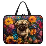 Poceacles Pug Köpek Çiçekli Baskı Laptop Çantası Laptop Çantası Kılıf, Darbeye Dayanıklı Koruyucu Bilgisayar Taşıma Kılıfı, Evrak Çantası El Çantaları Dizüstü Bilgisayar Kol Çantası