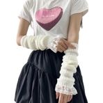 POHADON Kawaii uzun parmaksız eldiven dantel kol ısıtıcıları kadınlar için genç kızlar Y2k Harajuku Cosplay başparmak delik eldivenler, Beyaz, Tek Beden